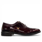 Sun Keyhan red patent leather lace-up formal shoe with textured heel detail and rubber outsole. Photo of outside side view.