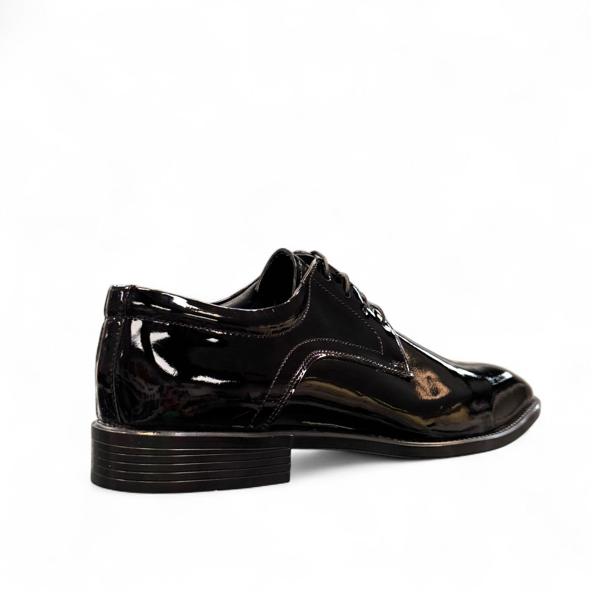 Sun Mahour black patent leather lace-up dress shoe with a polished finish and durable rubber outsole. Photo of back view 1.