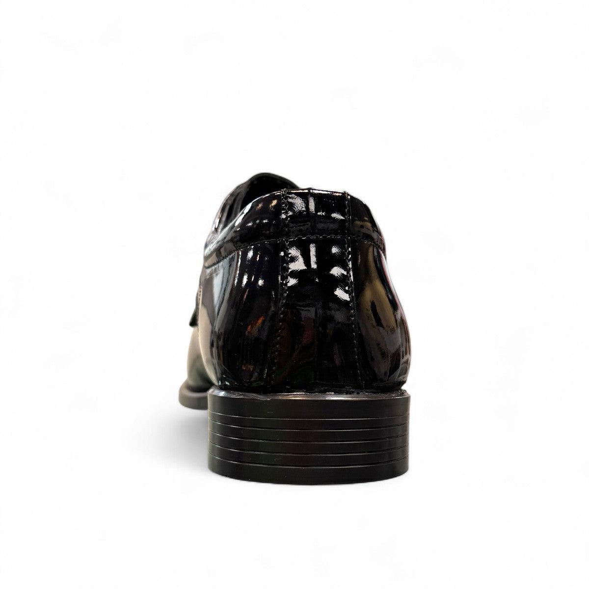 Sun Mahour black patent leather lace-up dress shoe with a polished finish and durable rubber outsole. Photo of back view 2.