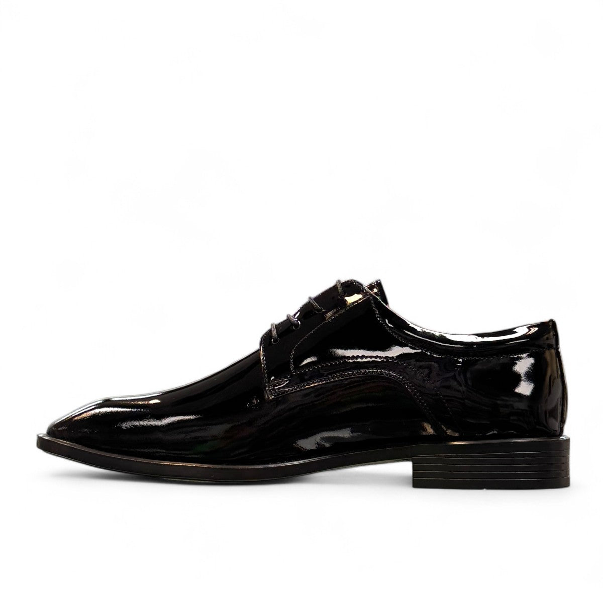 Sun Mahour black patent leather lace-up dress shoe with a polished finish and durable rubber outsole. Photo of inside side view.