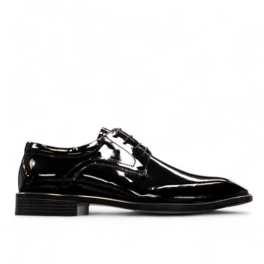 Sun Mahour black patent leather lace-up dress shoe with a polished finish and durable rubber outsole. Photo of outside side view.
