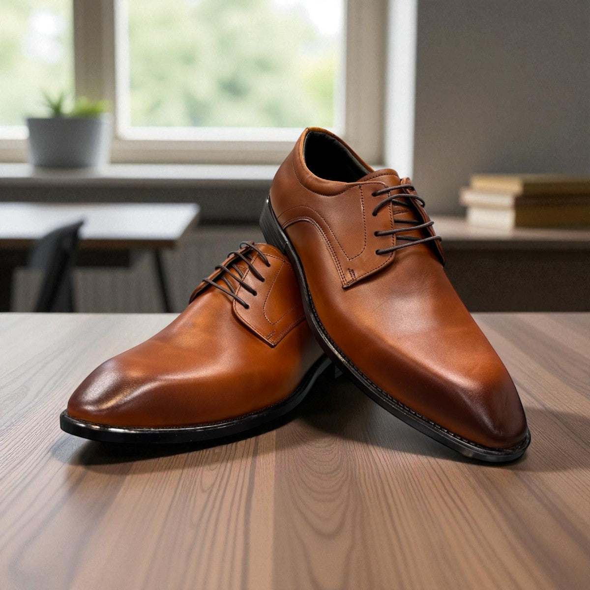 Sun Mahour light brown patent leather lace-up dress shoe with a durable rubber outsole for formal occasions. Photo of upper view 2.