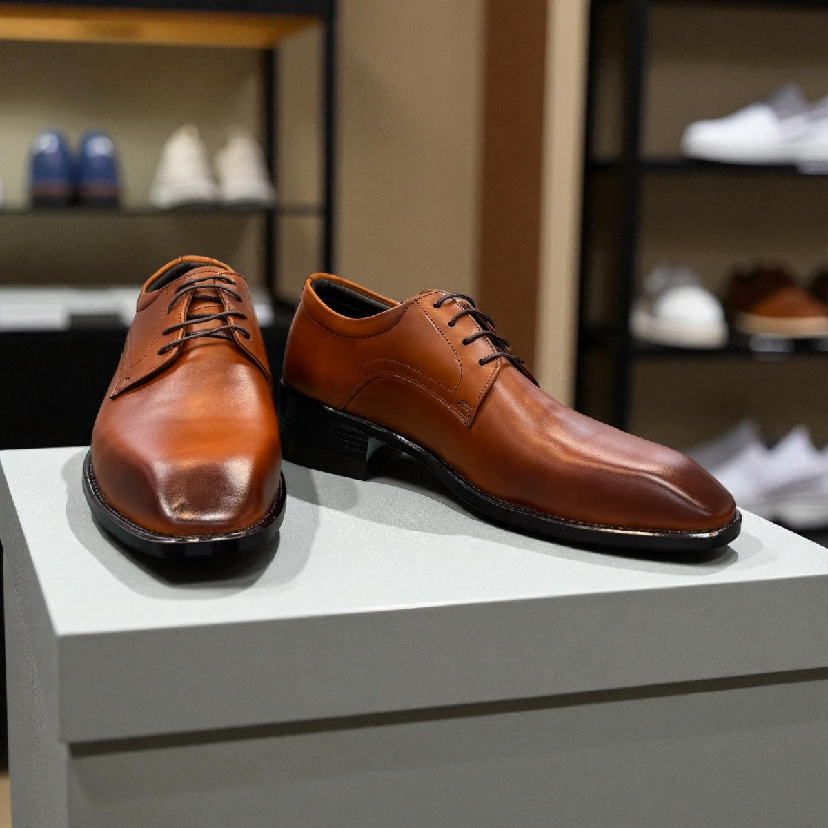 Sun Mahour light brown patent leather lace-up dress shoe with a durable rubber outsole for formal occasions. Photo of upper view 1.