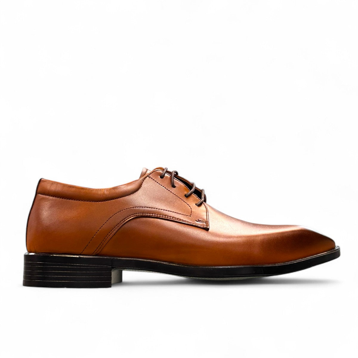 Sun Mahour light brown patent leather lace-up dress shoe with a durable rubber outsole for formal occasions. Photo of outside side view.