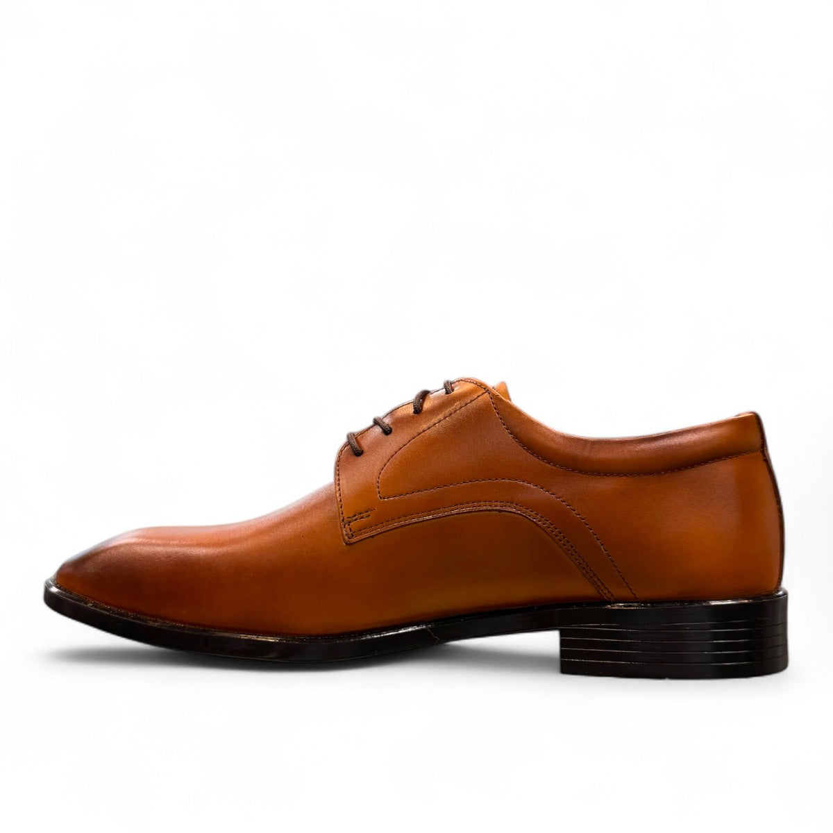 Sun Mahour light brown patent leather lace-up dress shoe with a durable rubber outsole for formal occasions. Photo of inside side view.