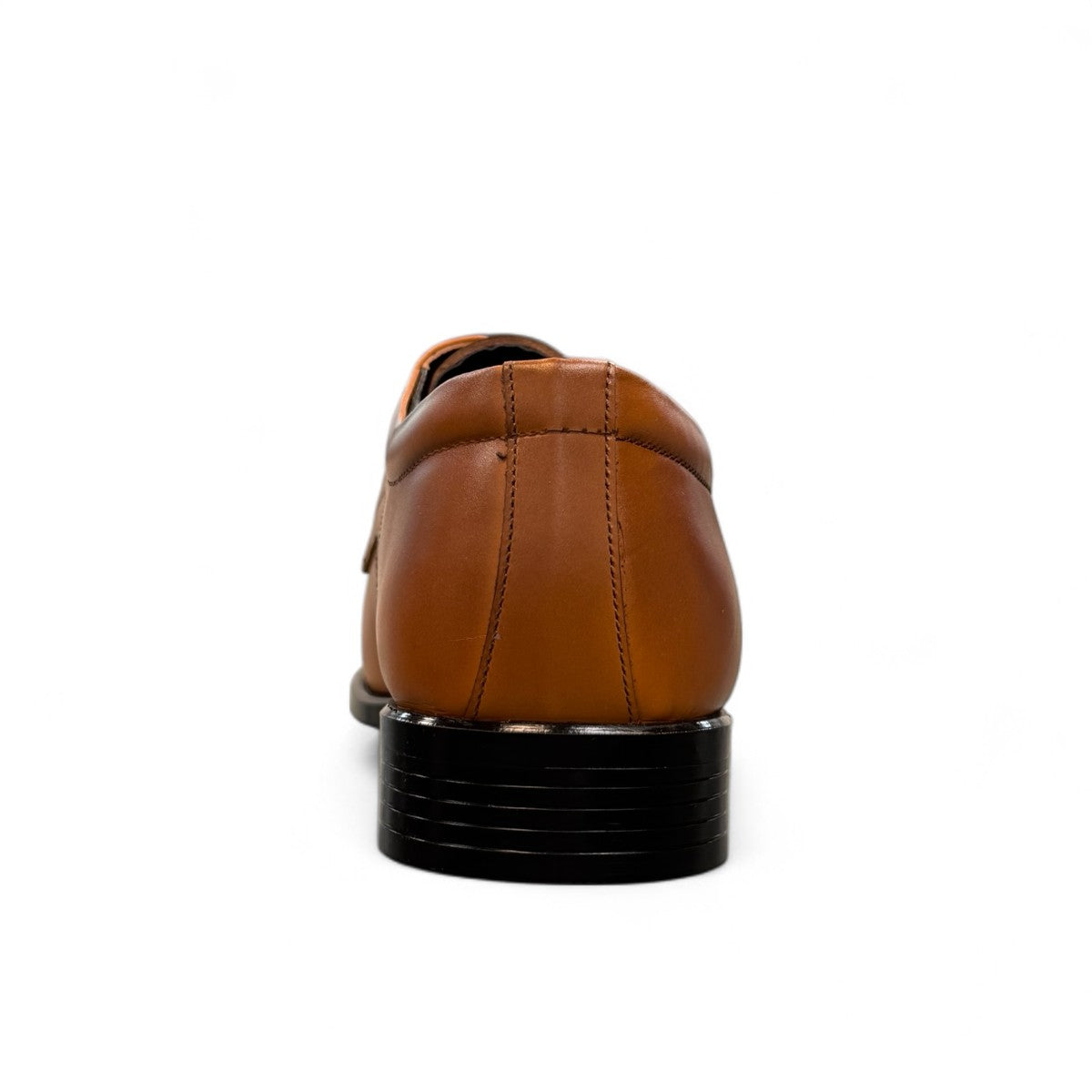 Sun Mahour light brown patent leather lace-up dress shoe with a durable rubber outsole for formal occasions. Photo of back view.