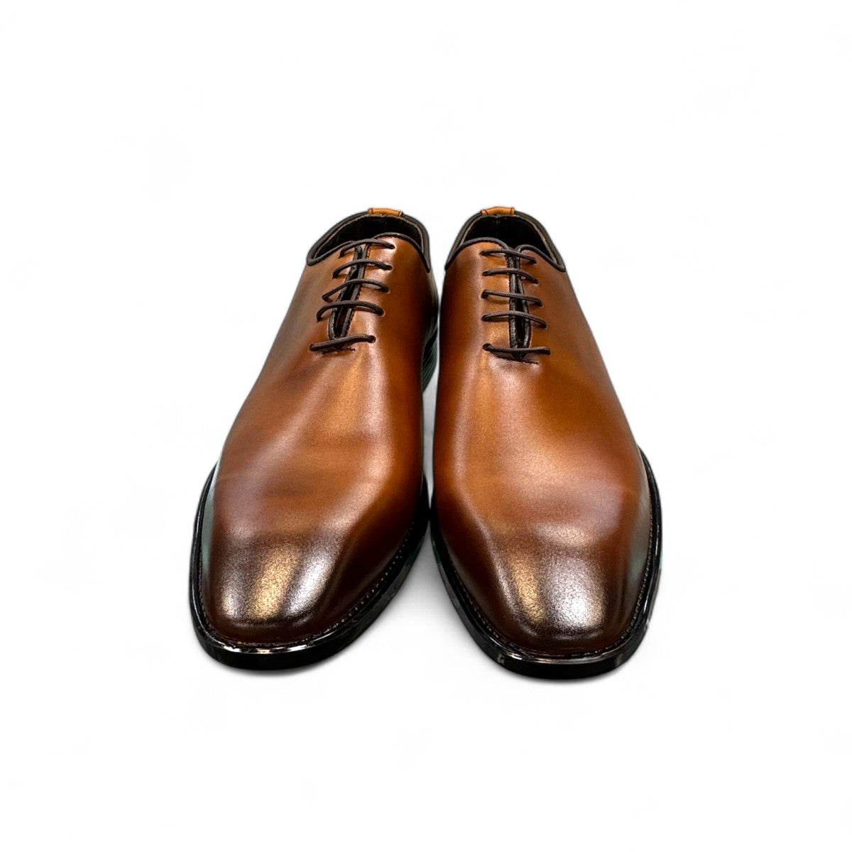 Sun Makan brown genuine leather lace-up formal dress shoe with a durable rubber outsole. Photo of front view.