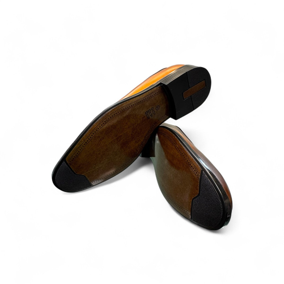 Sun Makan brown genuine leather lace-up formal dress shoe with a durable rubber outsole. Photo of bottom view.
