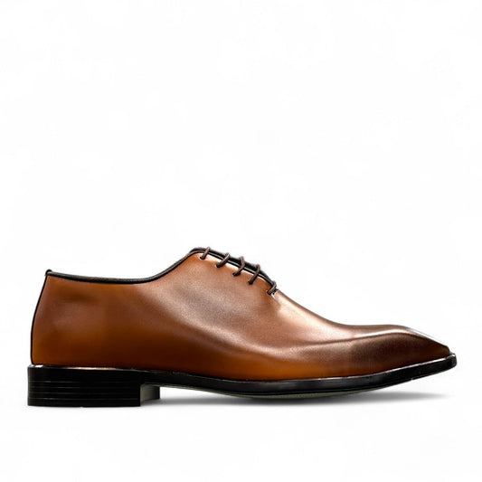 Sun Makan brown genuine leather lace-up formal dress shoe with a durable rubber outsole. Photo of outside side view.