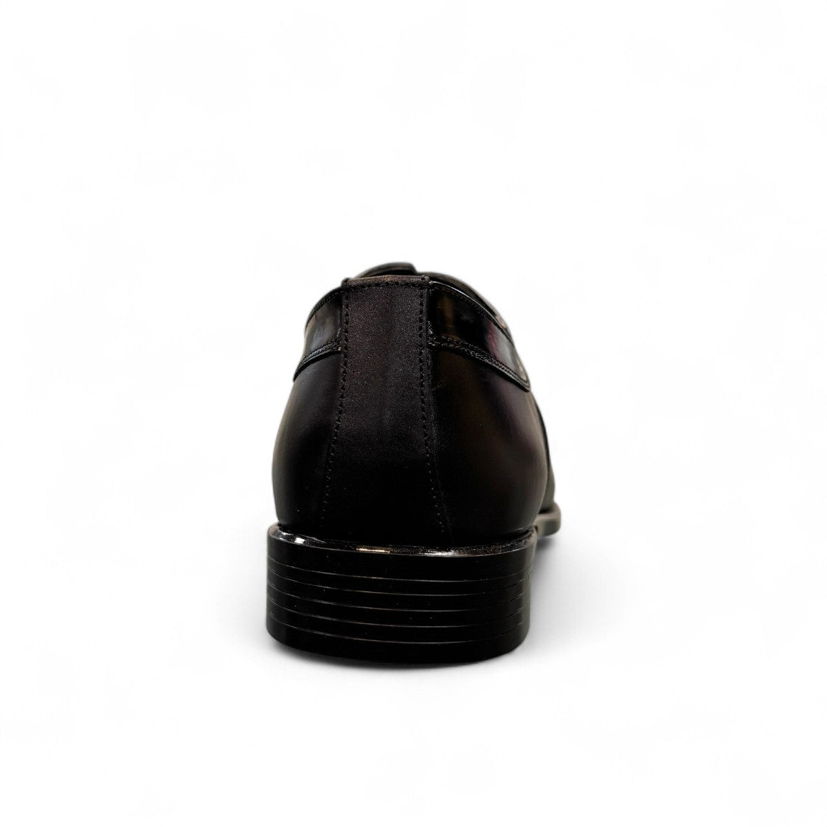Sun Masiha black leather lace-up formal shoe with subtle handmade stitching and rubber outsole. Photo of back view.