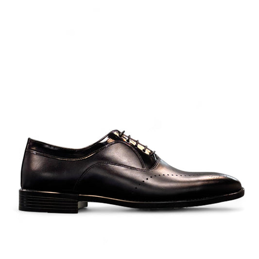 Sun Masiha black leather lace-up formal shoe with subtle handmade stitching and rubber outsole. Photo of outside side view.