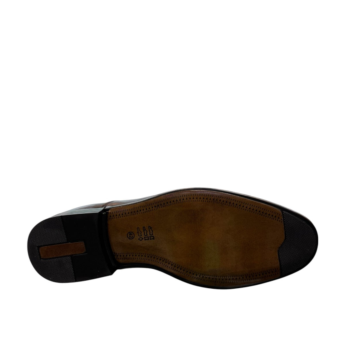 Sun Masiha black leather lace-up formal shoe with subtle handmade stitching and rubber outsole. Photo of bottom view.