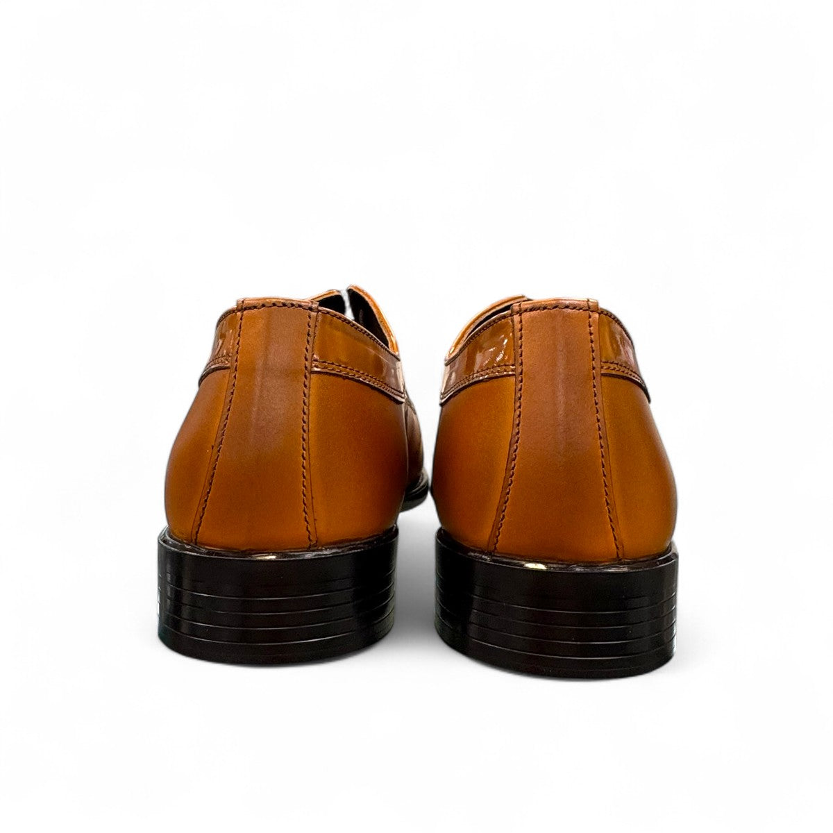 Sun Masiha brown leather lace-up dress shoe with brogue detailing and a durable rubber outsole. Photo of back view 2.