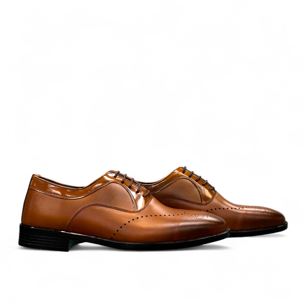 Sun Masiha brown leather lace-up dress shoe with brogue detailing and a durable rubber outsole. Photo of side views.
