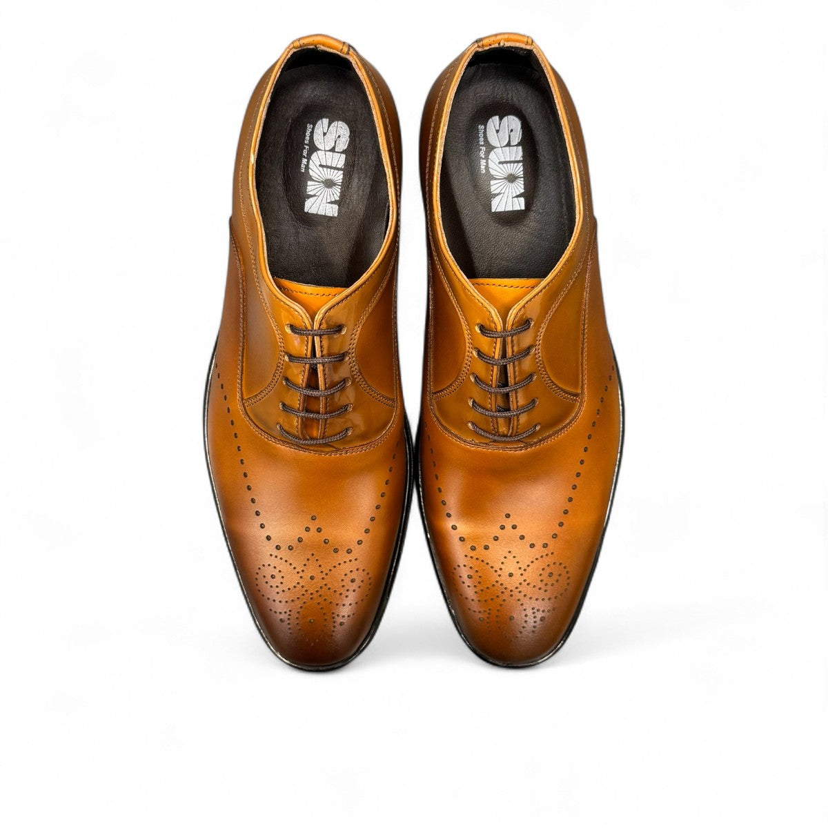 Sun Masiha brown leather lace-up dress shoe with brogue detailing and a durable rubber outsole. Photo of upper view 2.