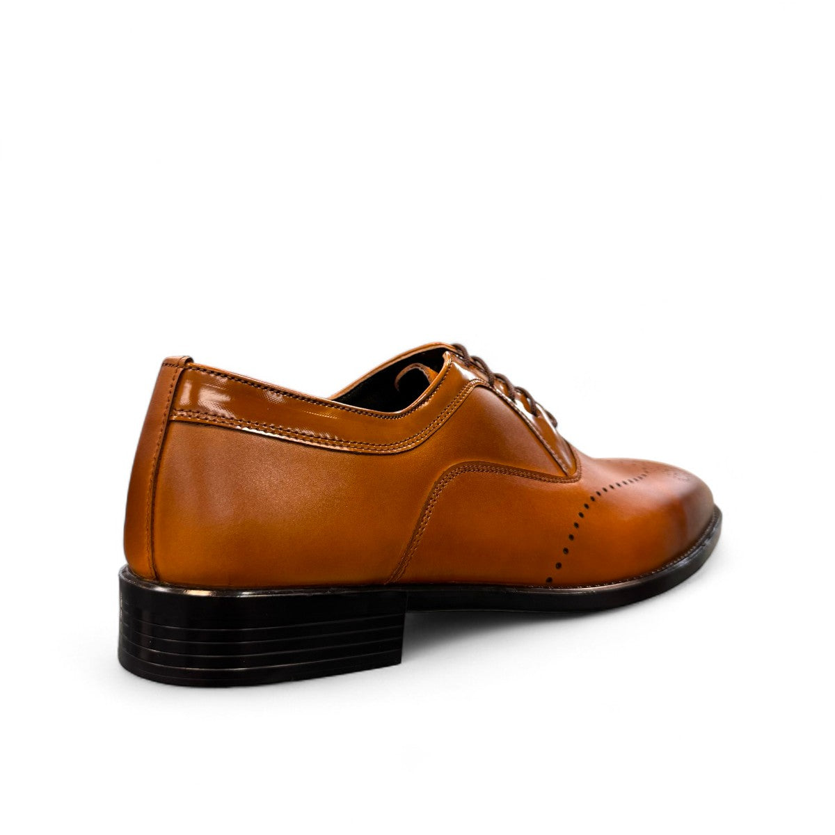 Sun Masiha brown leather lace-up dress shoe with brogue detailing and a durable rubber outsole. Photo of back view 1.