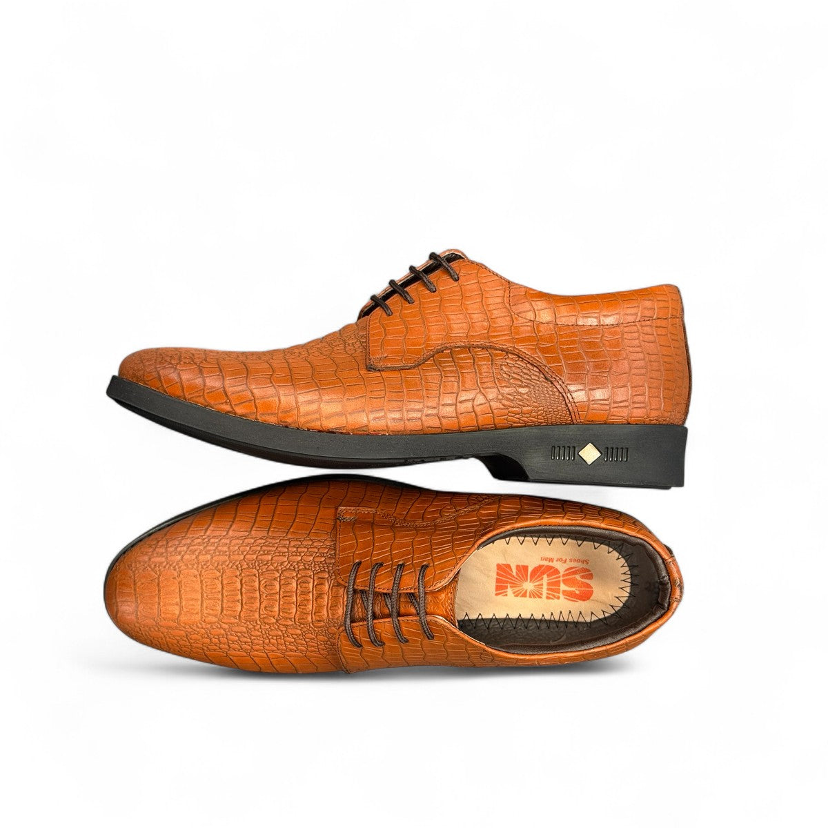 Sun Mehrab brown genuine leather lace-up dress shoe with crocodile-embossed texture and rubber sole. Photo of upper view 2.