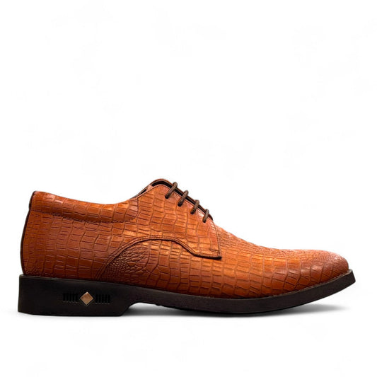 Sun Mehrab brown genuine leather lace-up dress shoe with crocodile-embossed texture and rubber sole. Photo of left side view.