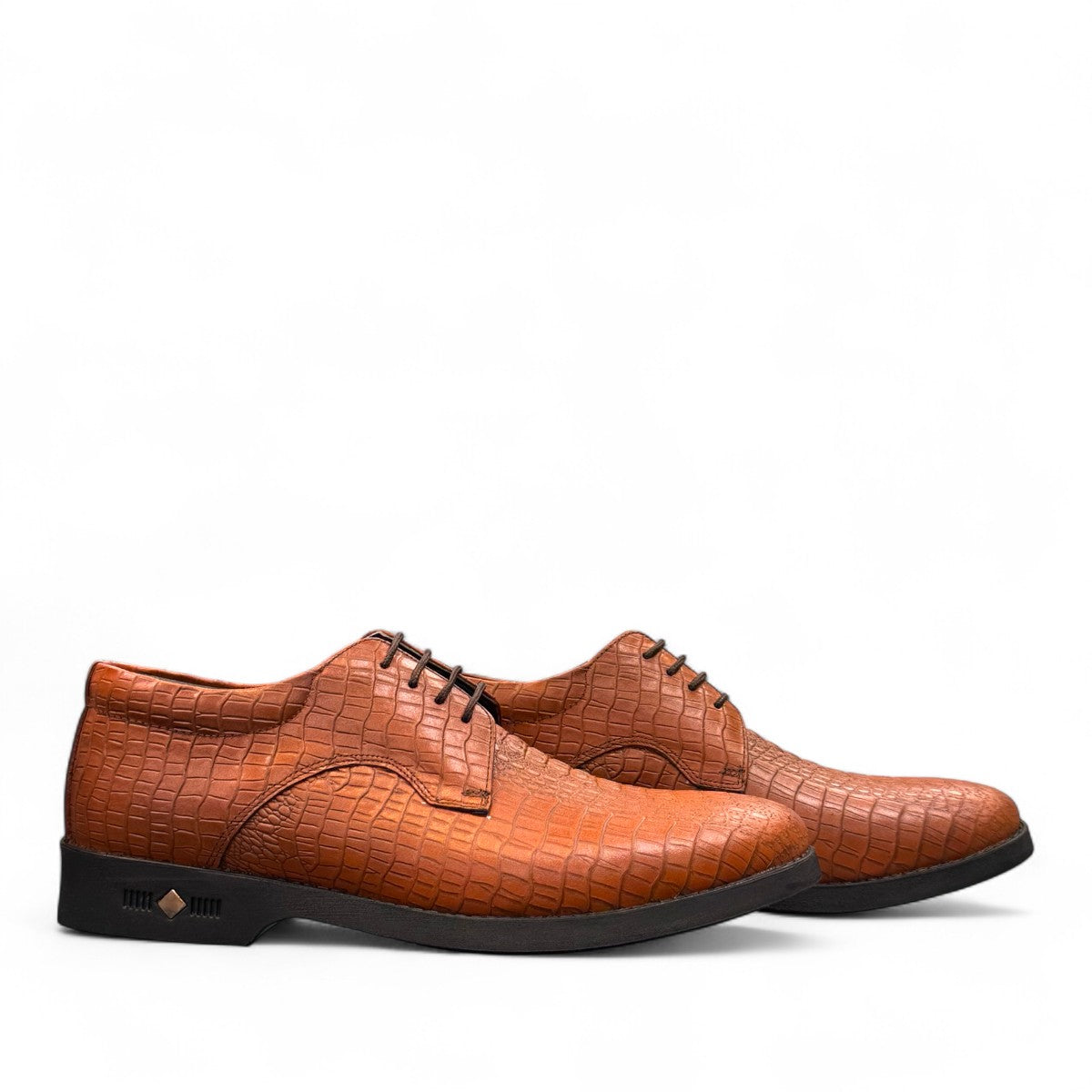 Sun Mehrab brown genuine leather lace-up dress shoe with crocodile-embossed texture and rubber sole. Photo of side views.