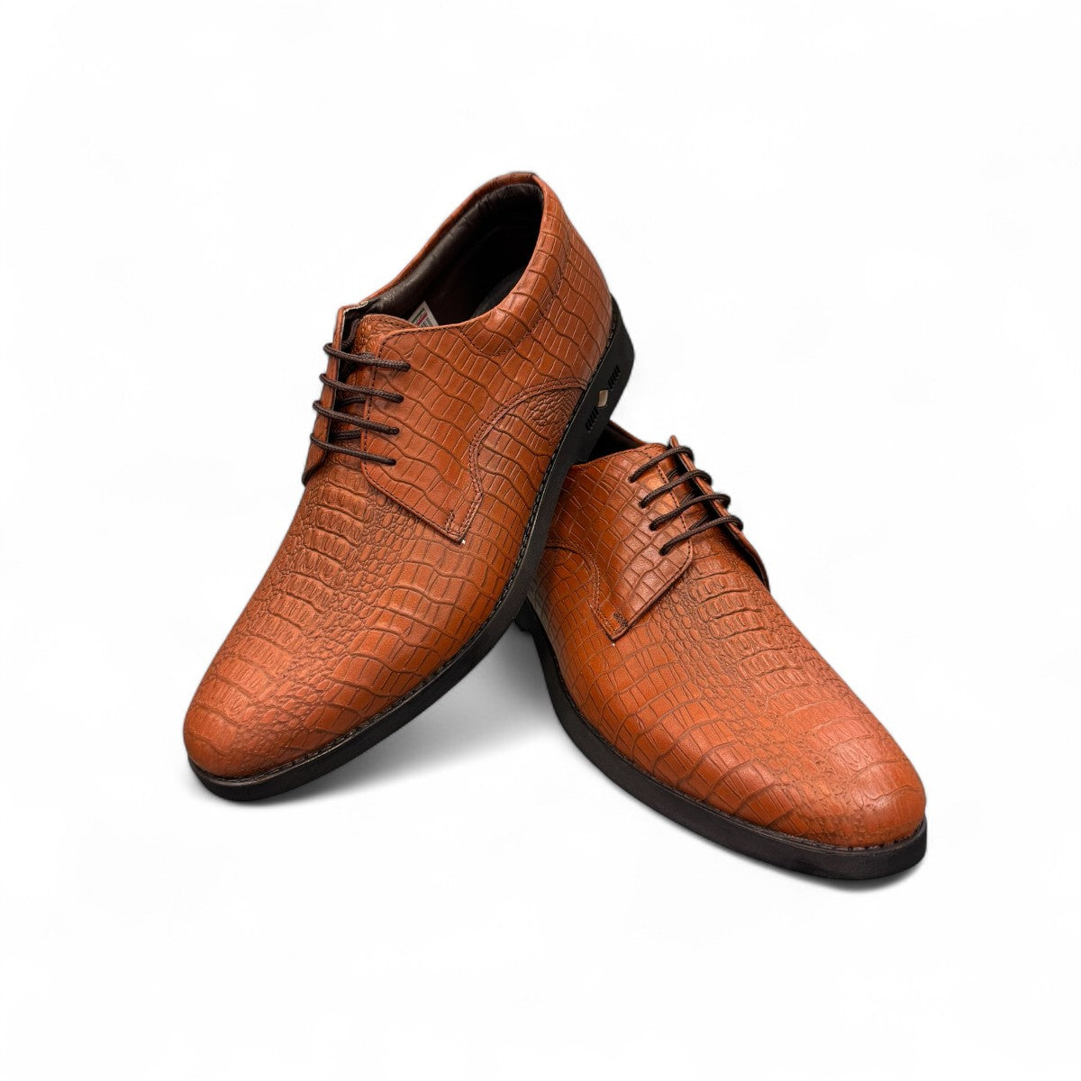 Sun Mehrab brown genuine leather lace-up dress shoe with crocodile-embossed texture and rubber sole. Photo of upper view 1.