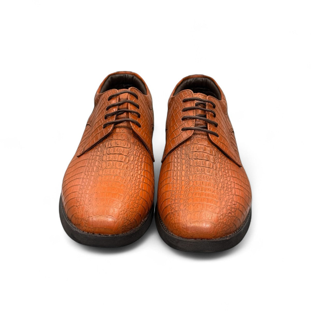 Sun Mehrab brown genuine leather lace-up dress shoe with crocodile-embossed texture and rubber sole. Photo of front view.