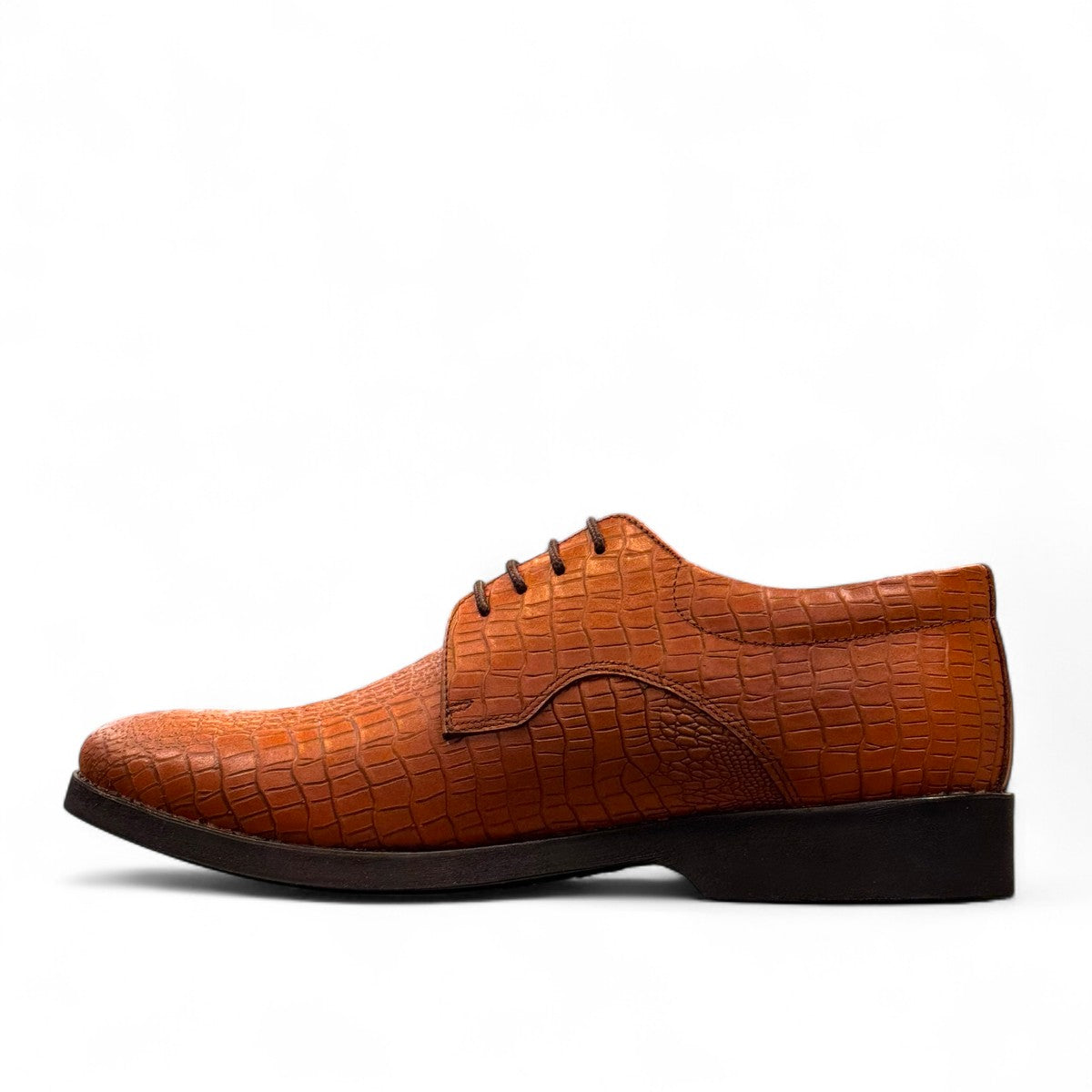 Sun Mehrab brown genuine leather lace-up dress shoe with crocodile-embossed texture and rubber sole. Photo of right side view.
