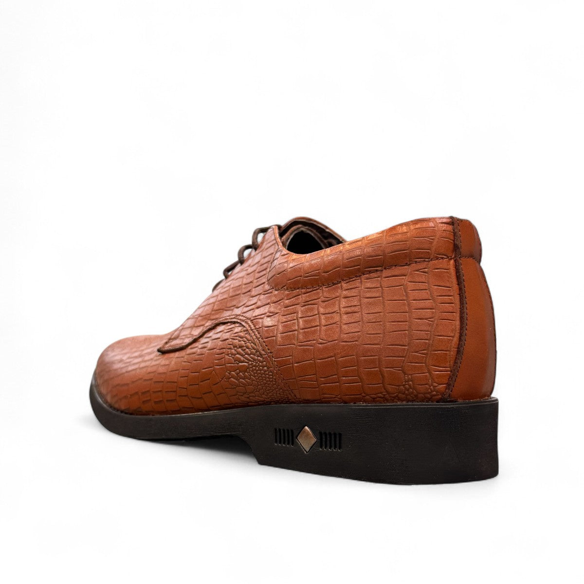 Sun Mehrab brown genuine leather lace-up dress shoe with crocodile-embossed texture and rubber sole. Photo of back view.