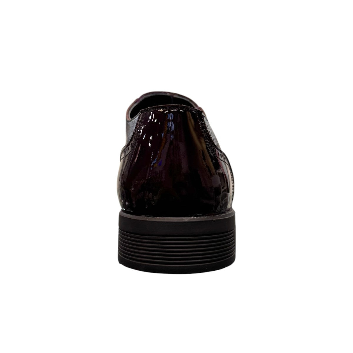 Sun Niko red patent leather lace-up dress shoe with textured detailing and durable rubber outsole. Photo of back view 2.