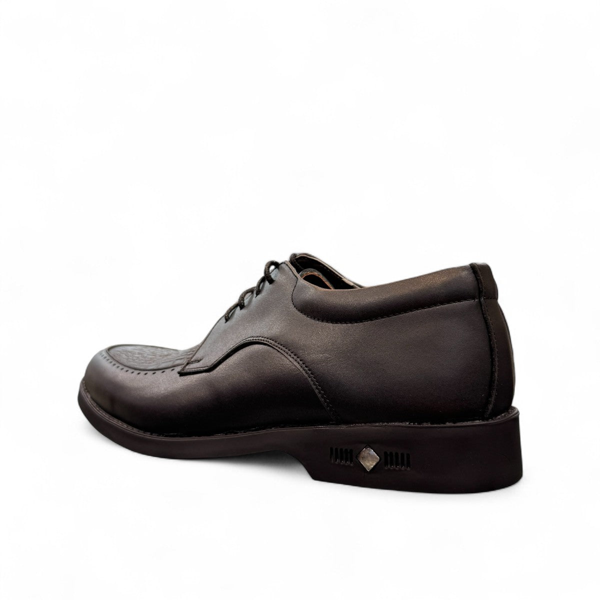 Sun Pourya black leather lace-up dress shoe with a durable rubber outsole and textured toe detail. Photo of back view 1.