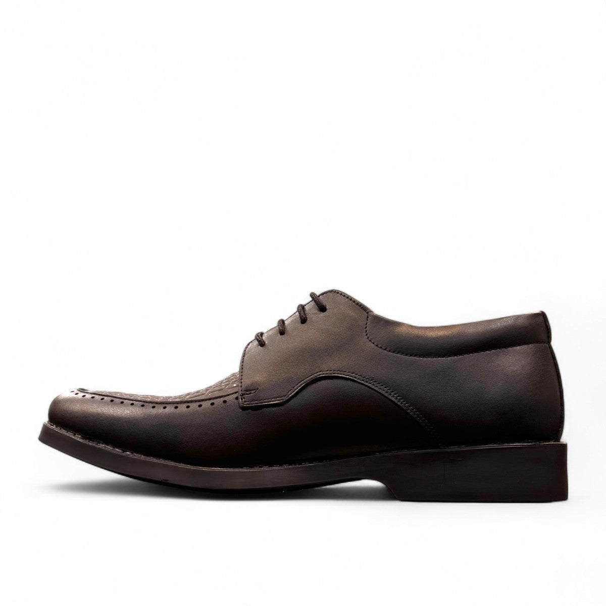 Sun Pourya black leather lace-up dress shoe with a durable rubber outsole and textured toe detail. Photo of right side view.