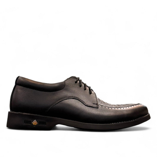 Sun Pourya black leather lace-up dress shoe with a durable rubber outsole and textured toe detail. Photo of left side view.