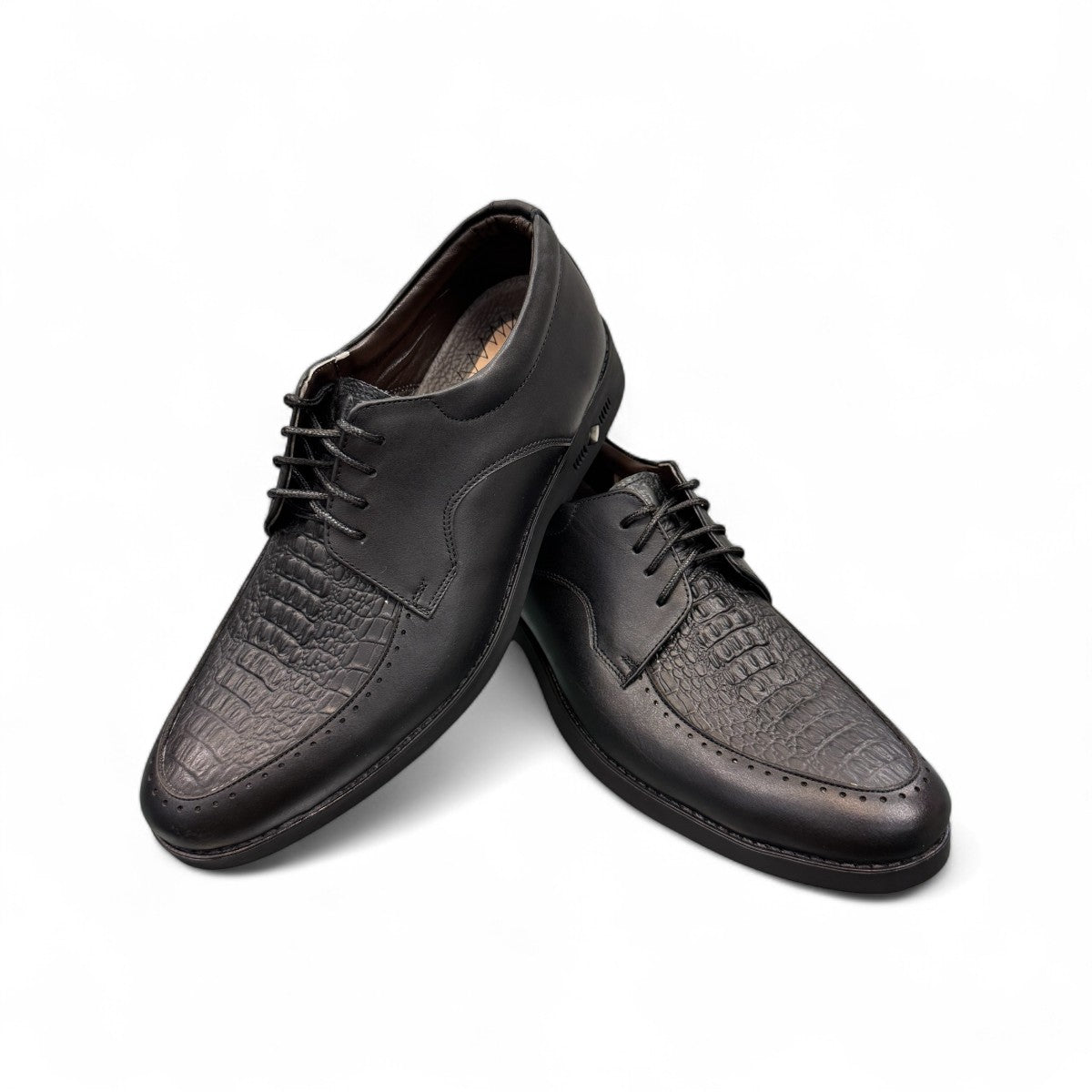 Sun Pourya black leather lace-up dress shoe with a durable rubber outsole and textured toe detail. Photo of front view.