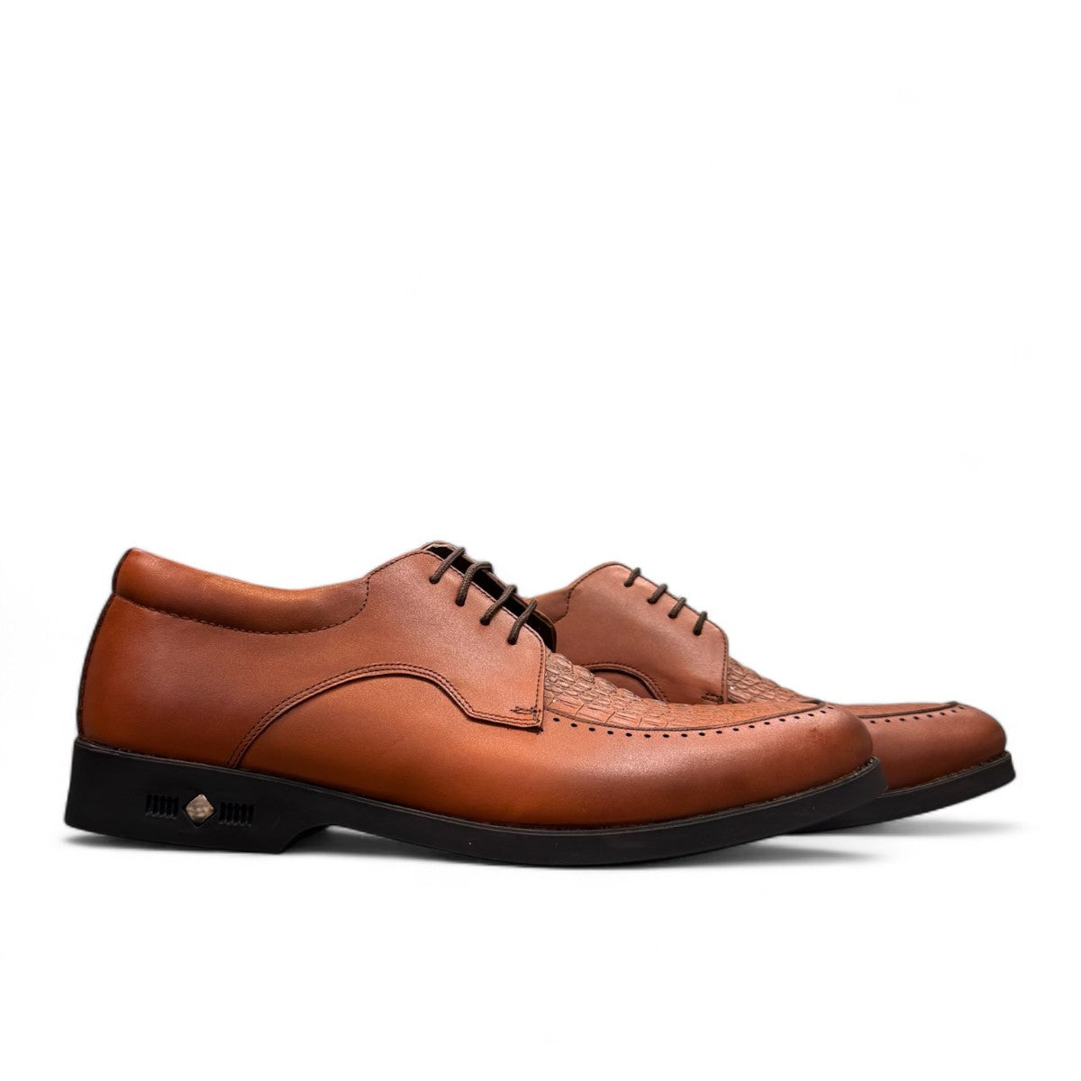 Sun Pourya brown leather lace-up dress shoe with textured toe detail and durable rubber sole. Photo of side views.