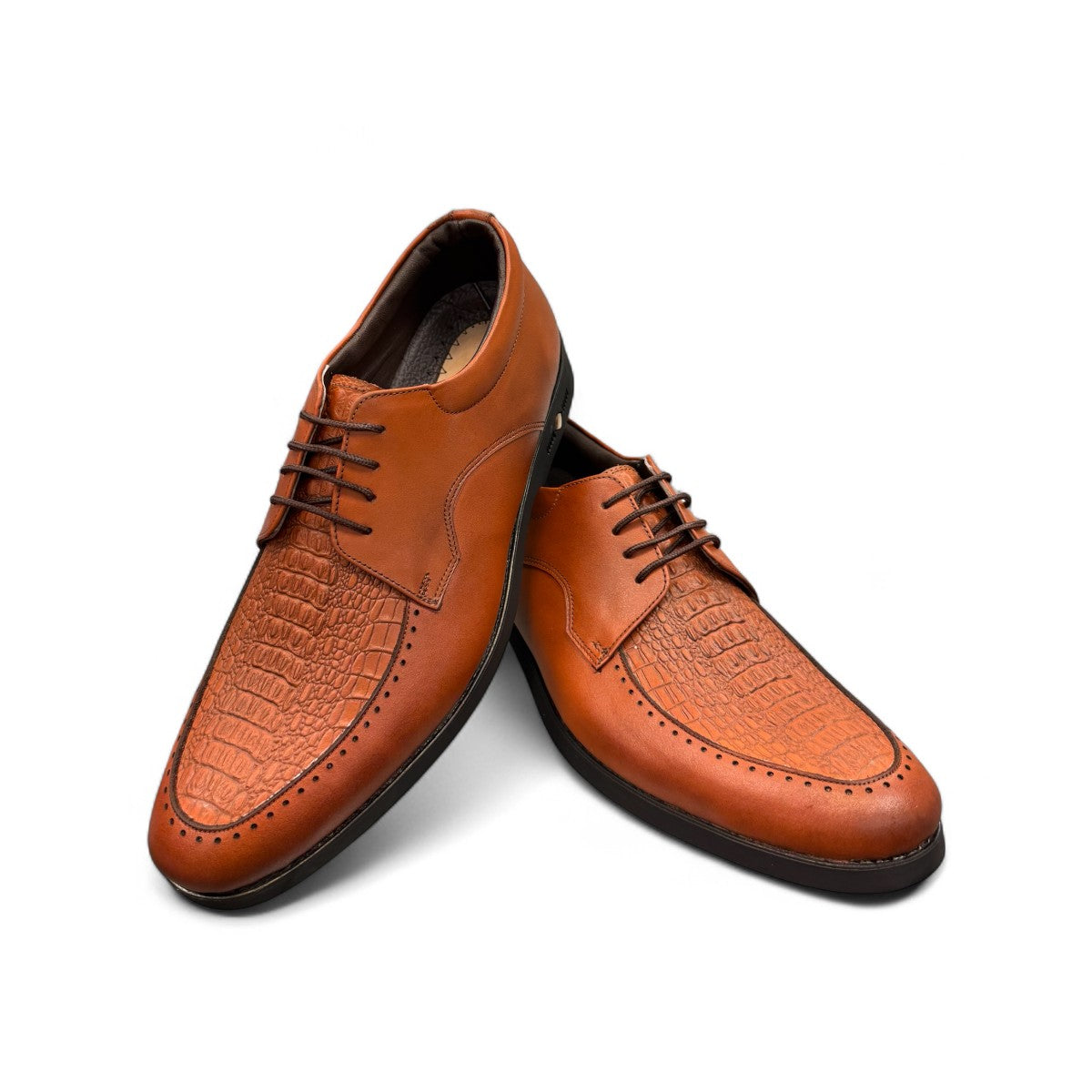 Sun Pourya brown leather lace-up dress shoe with textured toe detail and durable rubber sole. Photo of front view.