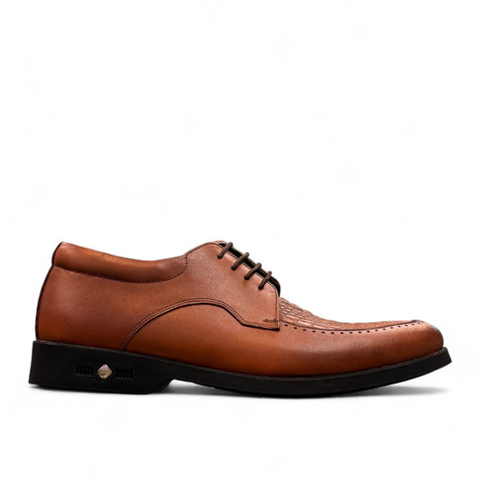 Sun Pourya brown leather lace-up dress shoe with textured toe detail and durable rubber sole. Photo of left side view.