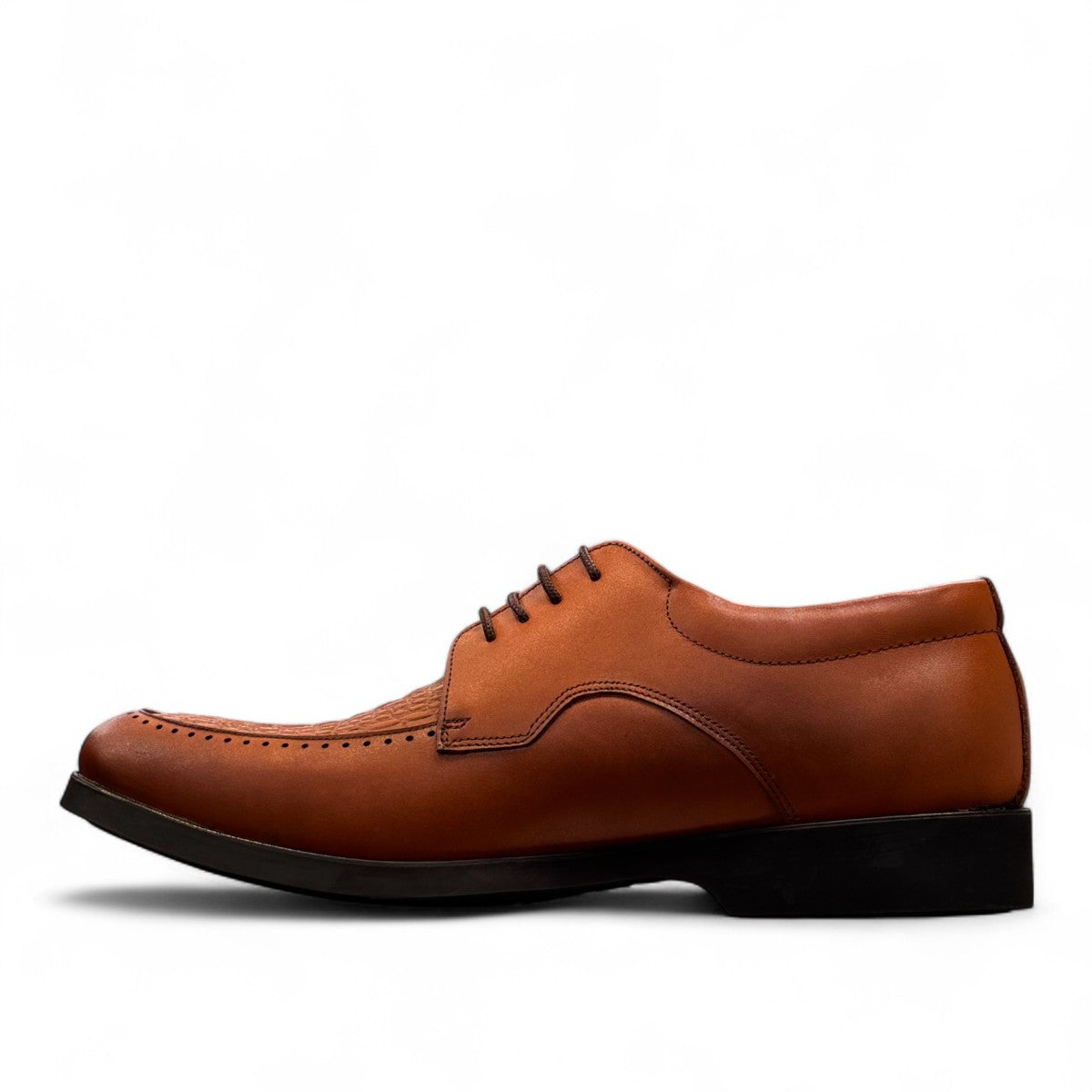 Sun Pourya brown leather lace-up dress shoe with textured toe detail and durable rubber sole. Photo of right side view.