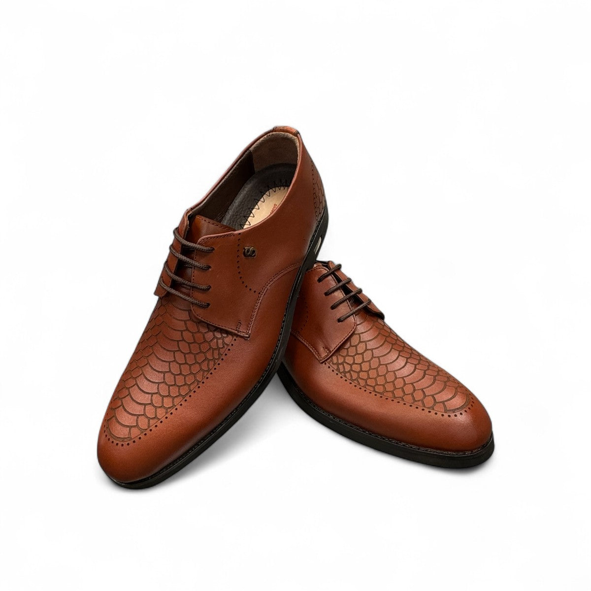 Sun Radmehr brown leather lace-up dress shoe with textured snake-skin pattern detail and durable rubber outsole. Photo of front view 1.