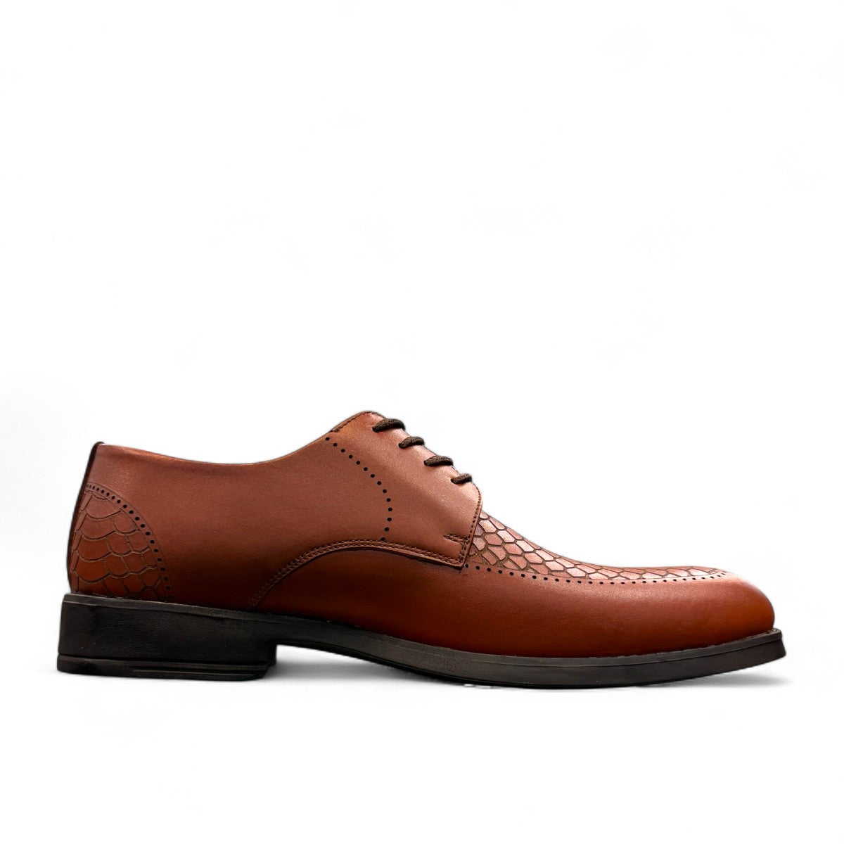 Sun Radmehr brown leather lace-up dress shoe with textured snake-skin pattern detail and durable rubber outsole. Photo of side view 2.