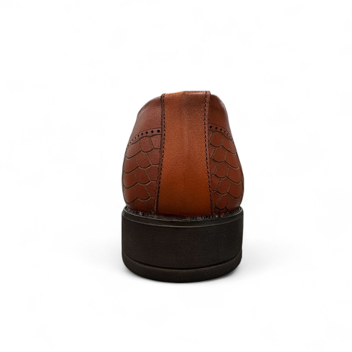 Sun Radmehr brown leather lace-up dress shoe with textured snake-skin pattern detail and durable rubber outsole. Photo of back view 2.