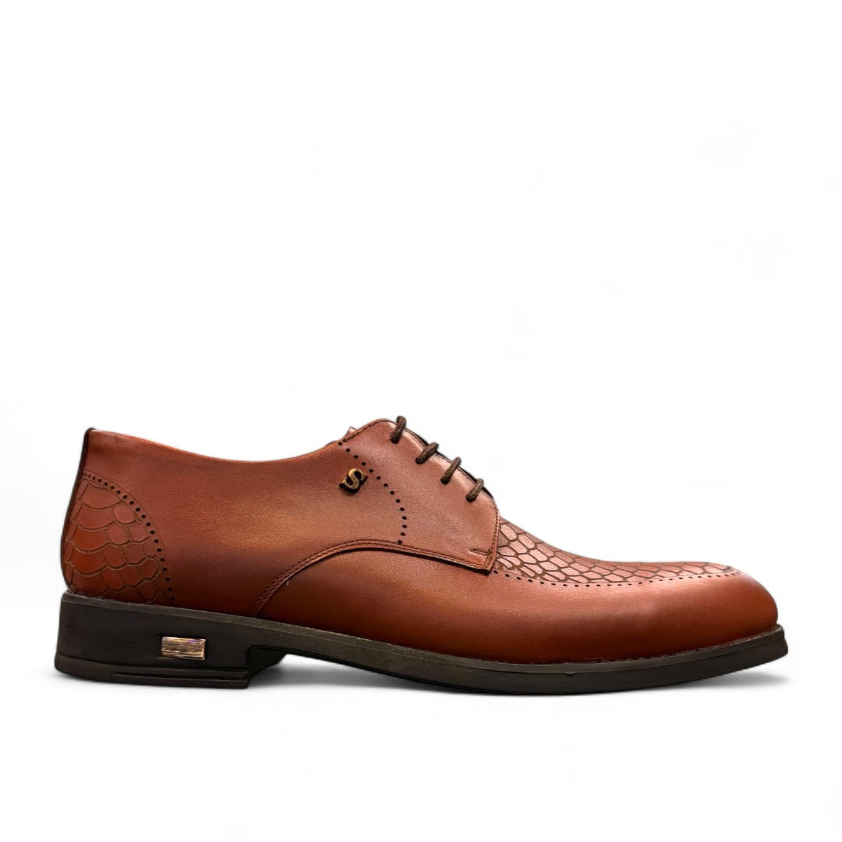 Sun Radmehr brown leather lace-up dress shoe with textured snake-skin pattern detail and durable rubber outsole. Photo of side view 1.
