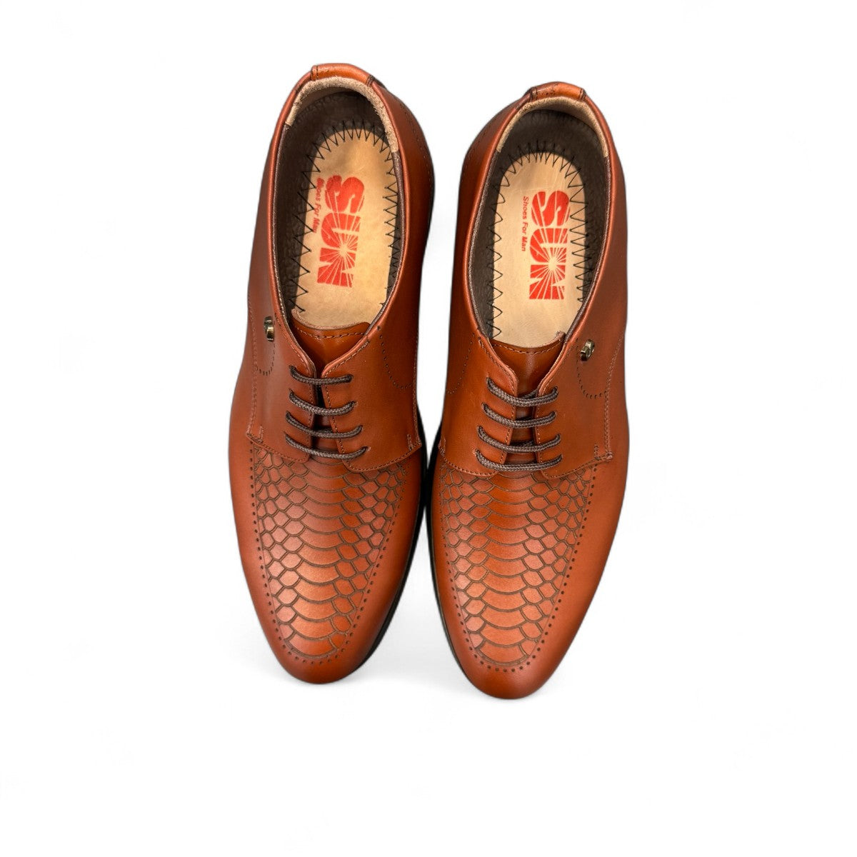 Sun Radmehr brown leather lace-up dress shoe with textured snake-skin pattern detail and durable rubber outsole. Photo of upper view.