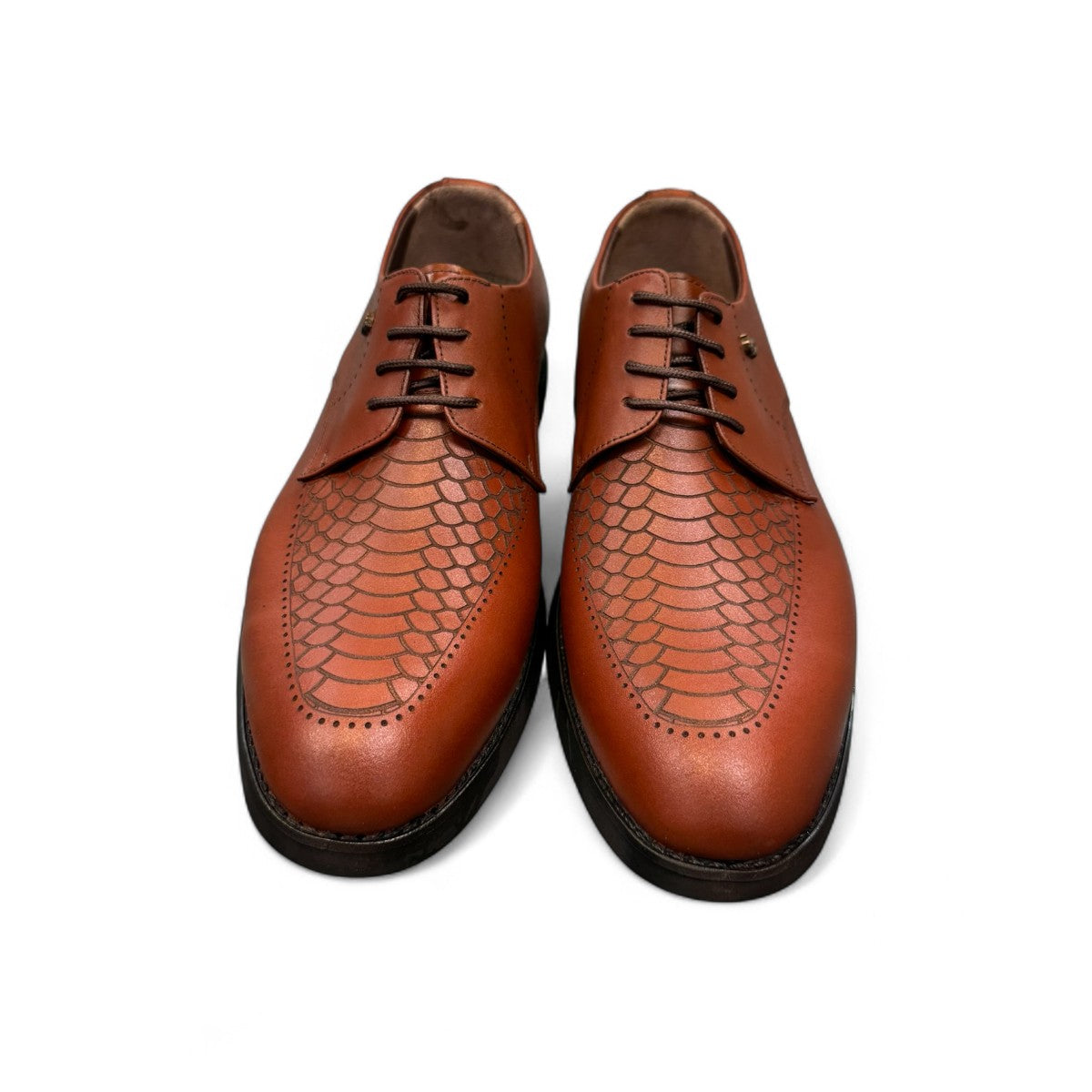 Sun Radmehr brown leather lace-up dress shoe with textured snake-skin pattern detail and durable rubber outsole. Photo of front view 2.