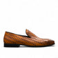 Sun Roniya brown leather loafers featuring intricate handmade stitching and a durable rubber outsole. Photo of outside side view.