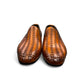 Sun Roniya brown leather loafers featuring intricate handmade stitching and a durable rubber outsole. Photo of front view.