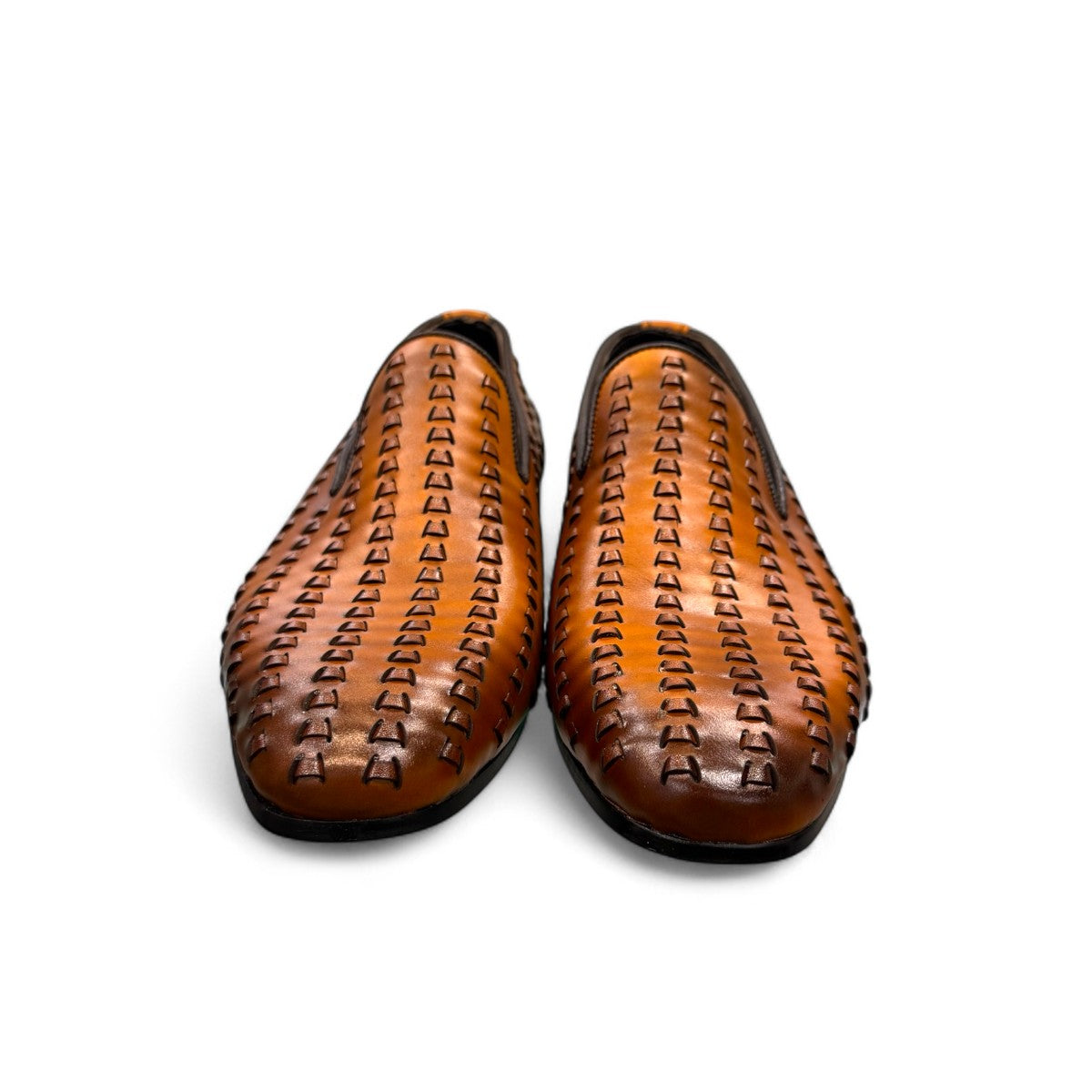 Sun Roniya brown leather loafers featuring intricate handmade stitching and a durable rubber outsole. Photo of front view.