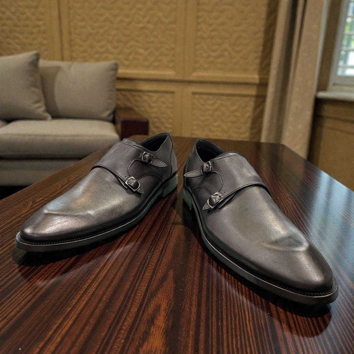 Sun Sahra black leather double monk strap shoes with handmade stitching and durable rubber outsole. Photo of upper view 2.