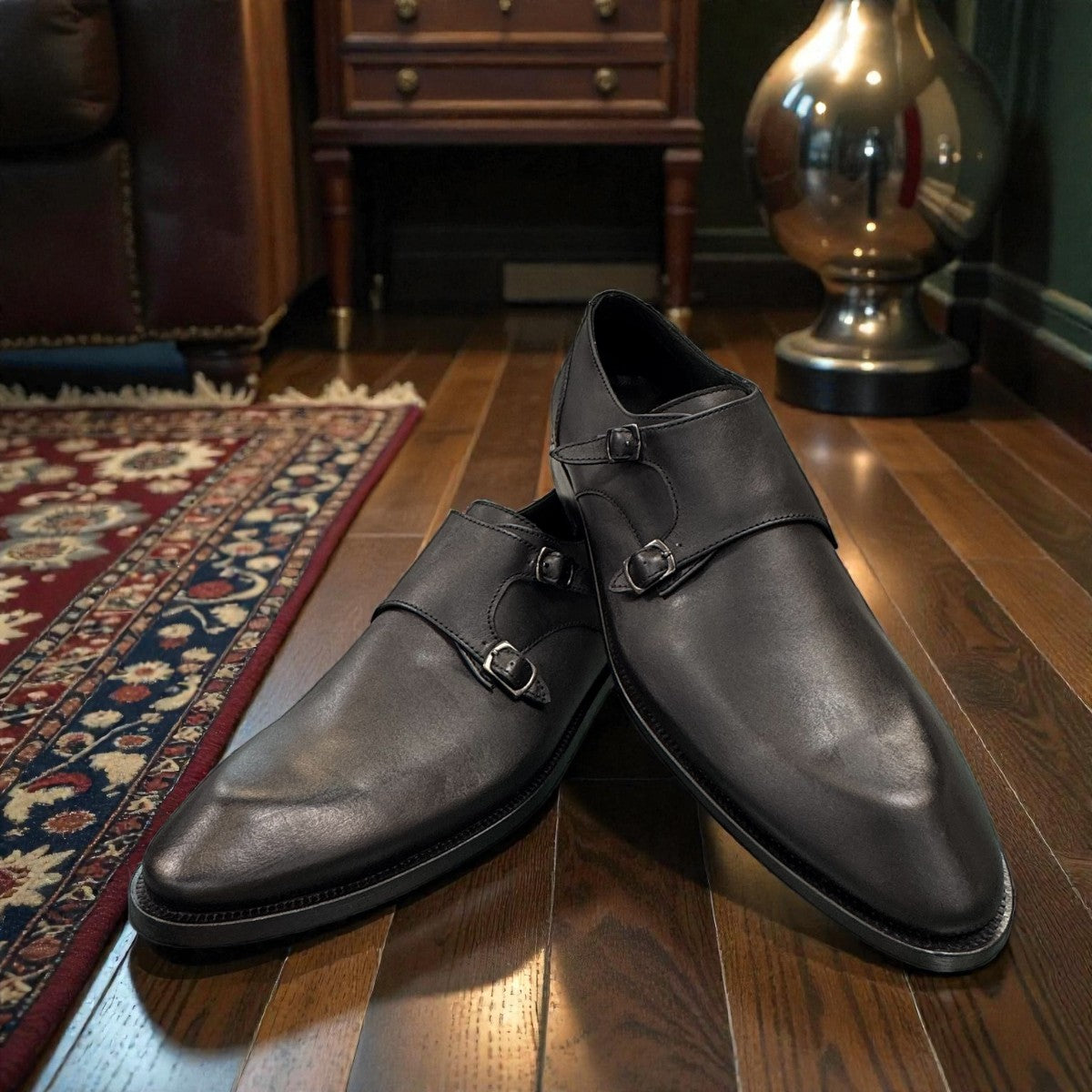 Sun Sahra black leather double monk strap shoes with handmade stitching and durable rubber outsole. Photo of upper view 1.