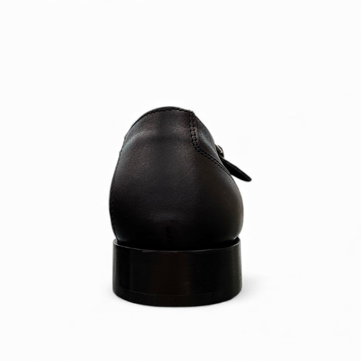 Sun Sahra black leather double monk strap shoes with handmade stitching and durable rubber outsole. Photo of back view.
