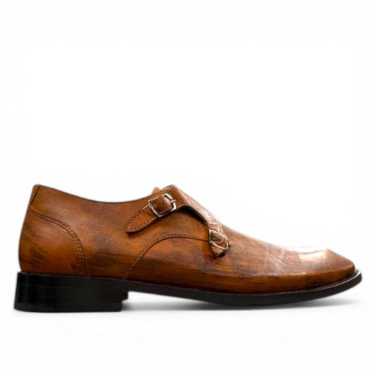 Sun Sahra brown leather monk strap shoe with handmade stitching and a durable rubber outsole. Photo of outside side view.