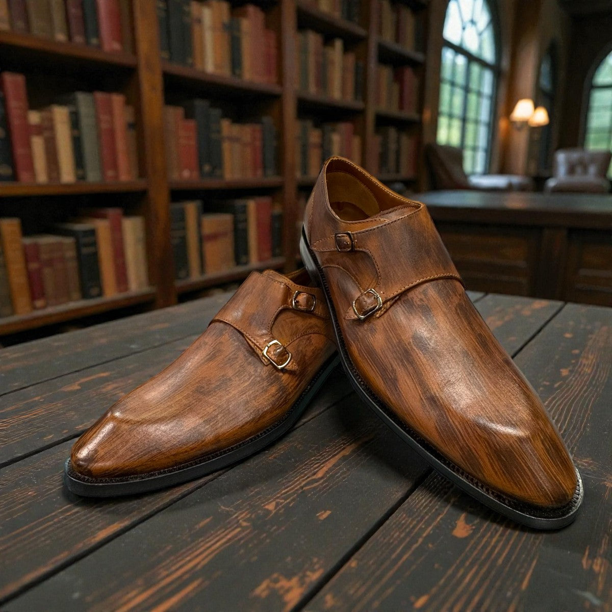 Sun Sahra brown leather monk strap shoe with handmade stitching and a durable rubber outsole. Photo of front view 1.